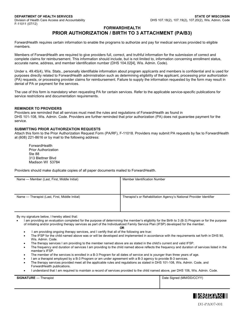 Prior Authorization / Birth to 3 Attachment (Pa/B3)