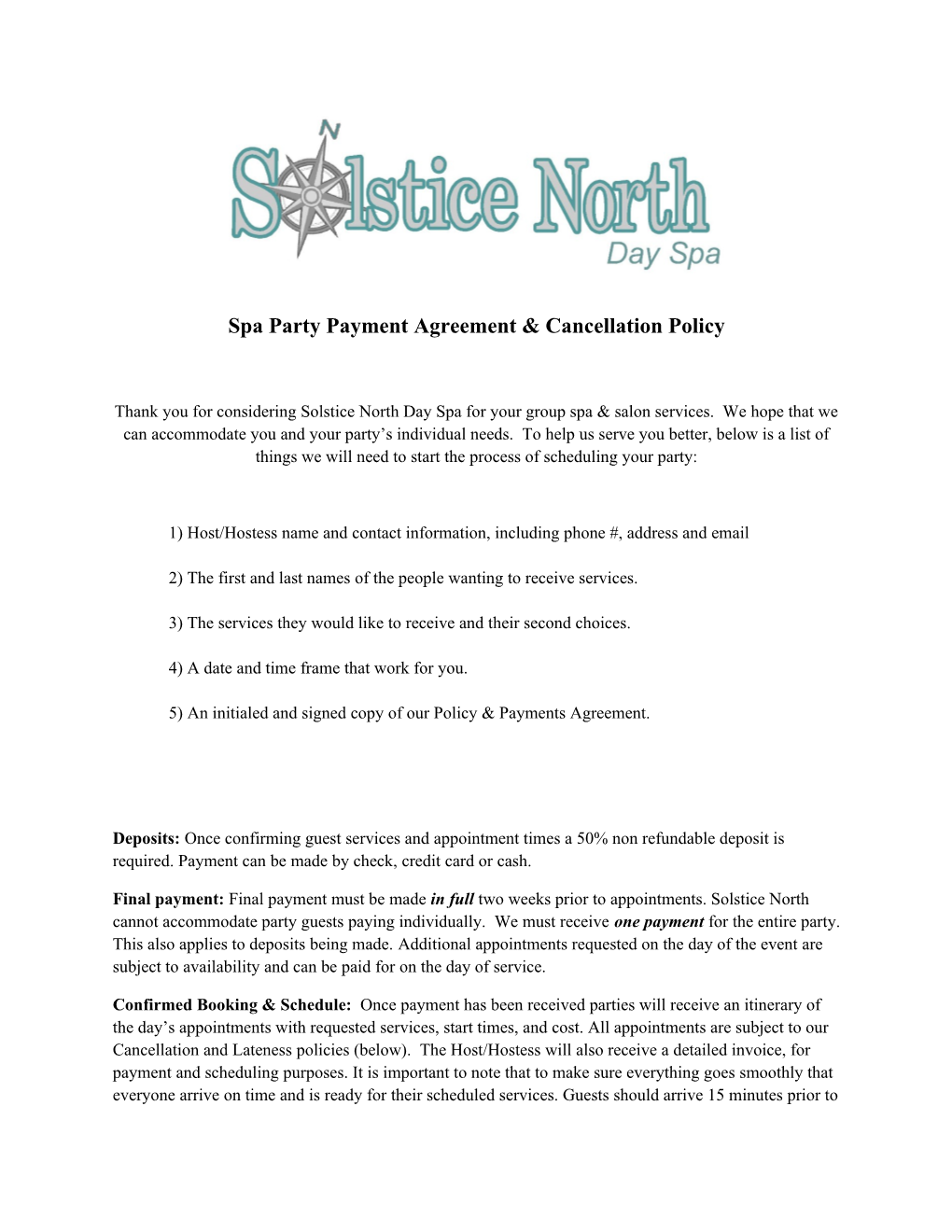 Spa Party Payment Agreement & Cancellation Policy