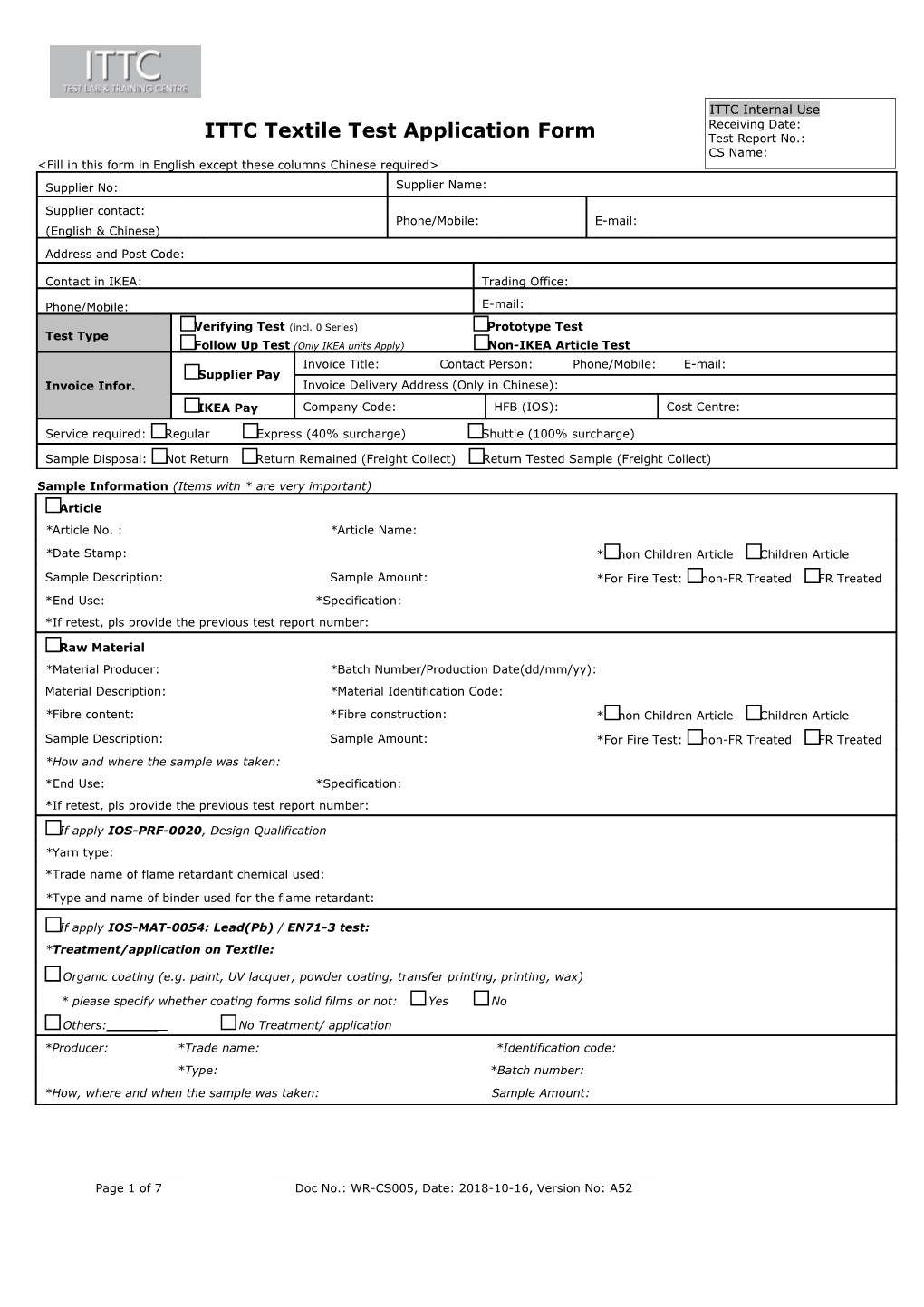 ITTC Textile Test Application Form