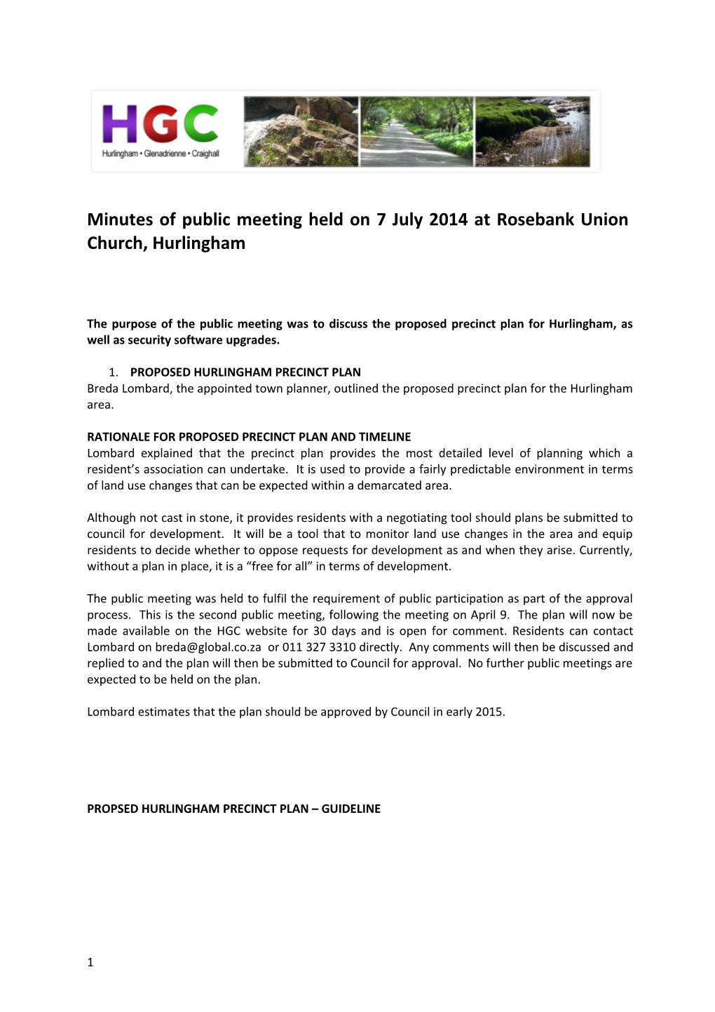 Minutes of Public Meeting Held on 7 July 2014 at Rosebank Union Church, Hurlingham