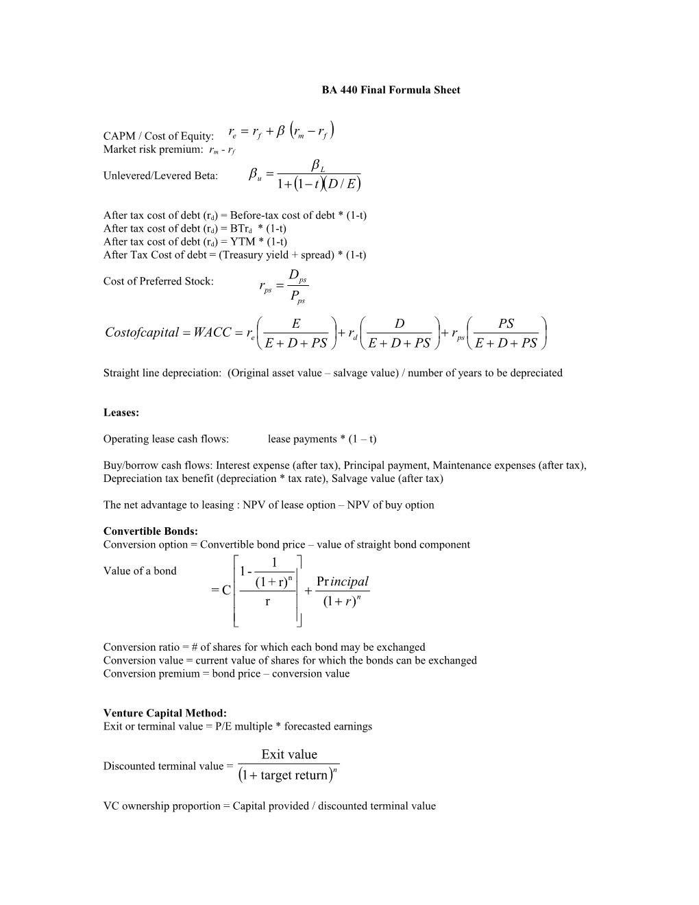 BA 440 Final Formula Sheet