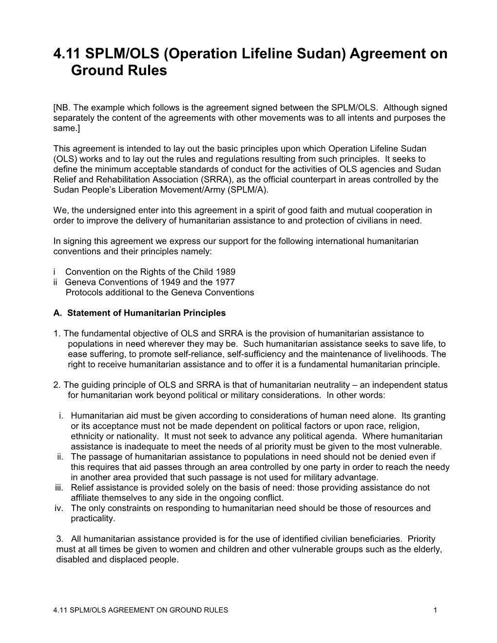 4.11SPLM/OLS (Operation Lifeline Sudan) Agreement Onground Rules