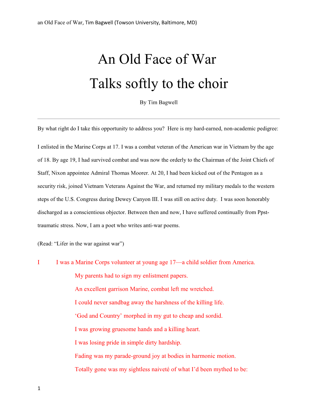 An Old Face of War, Tim Bagwell (Towson University, Baltimore, MD)