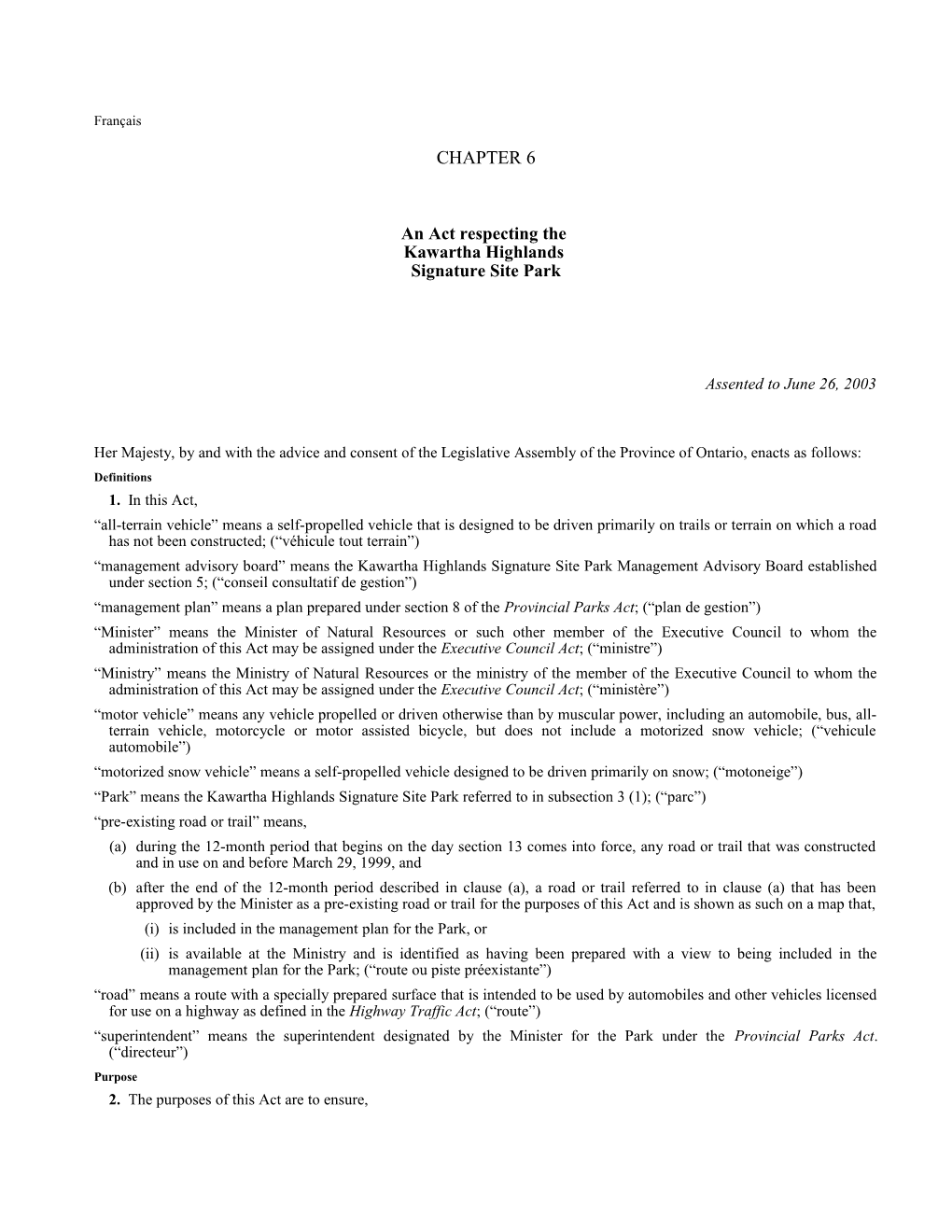 Kawartha Highlands Signature Site Park Act, 2003, S.O. 2003, C. 6 - Bill 100