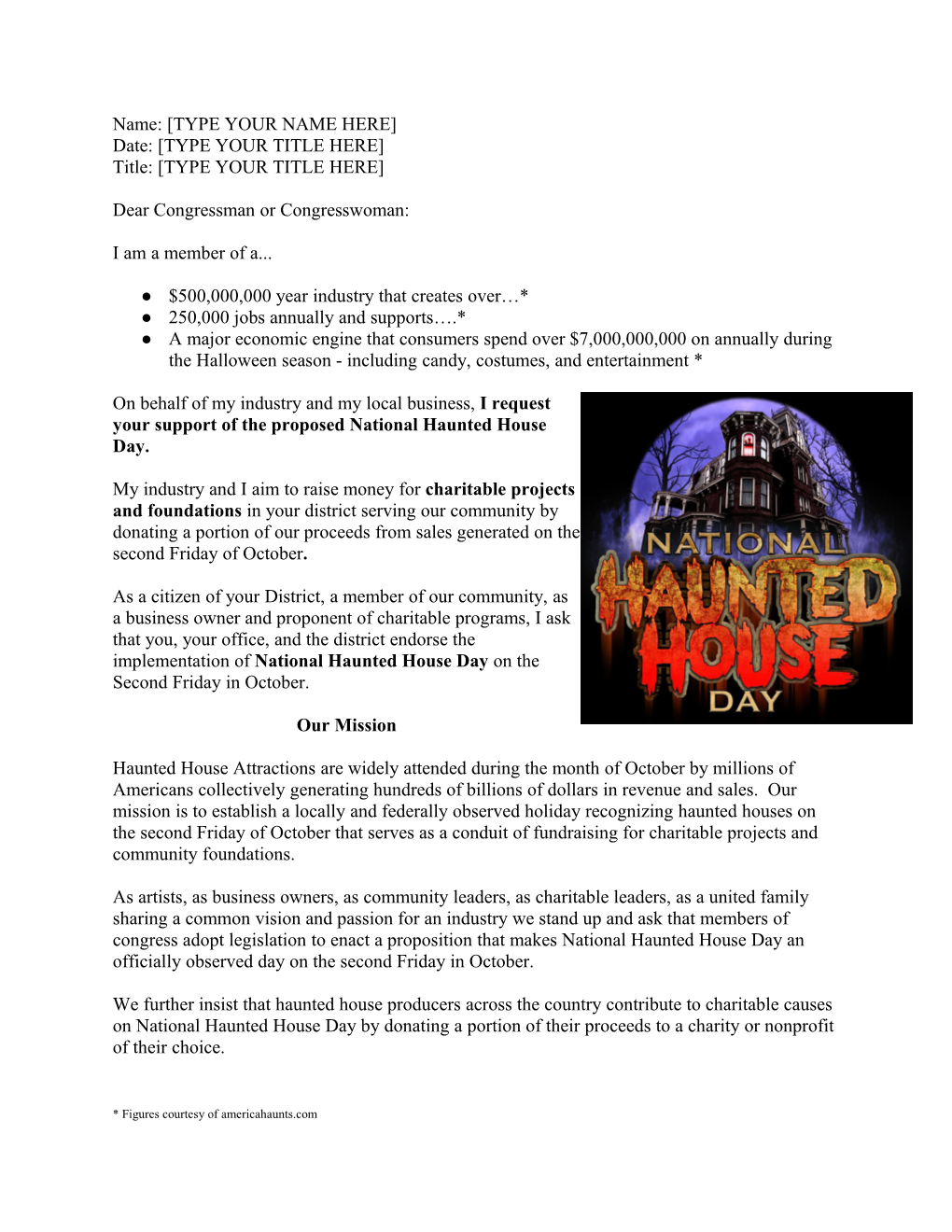 National Haunted House Day - Letter to Congress