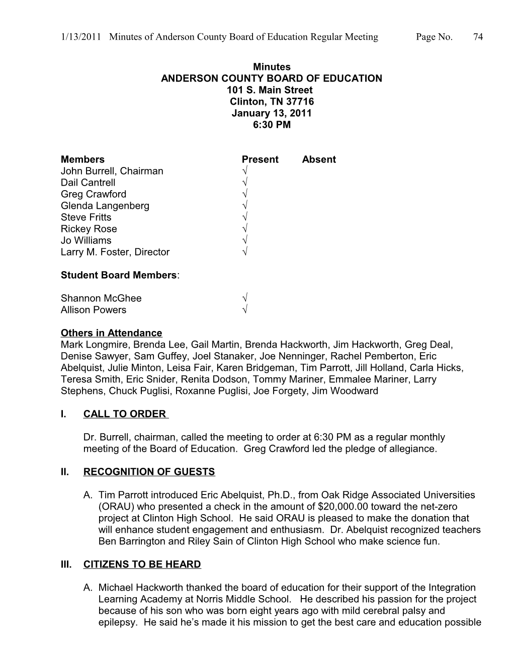 1/13/2011 Minutes of Andersoncounty Board of Education Regular Meeting Page No