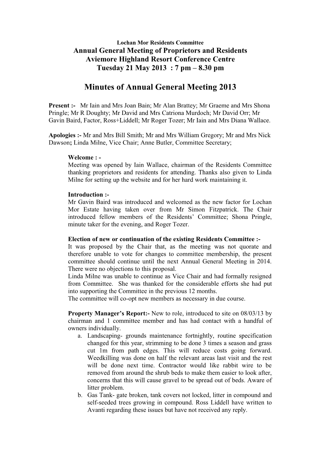 Lochan Mor Residents Committee AGM 21/05/13