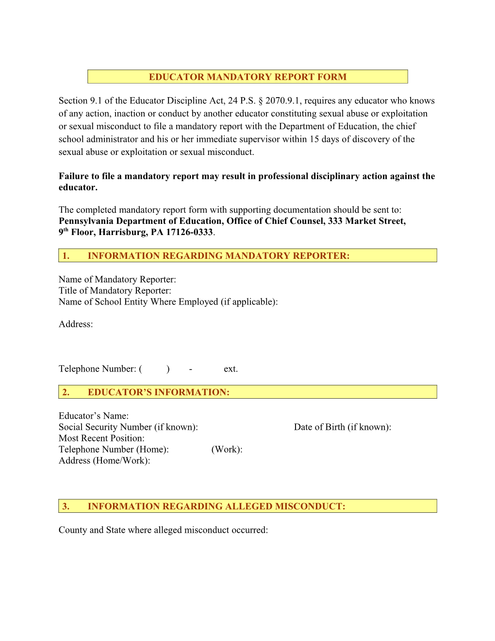 Mandatory Report Form 24PS 2070-9A