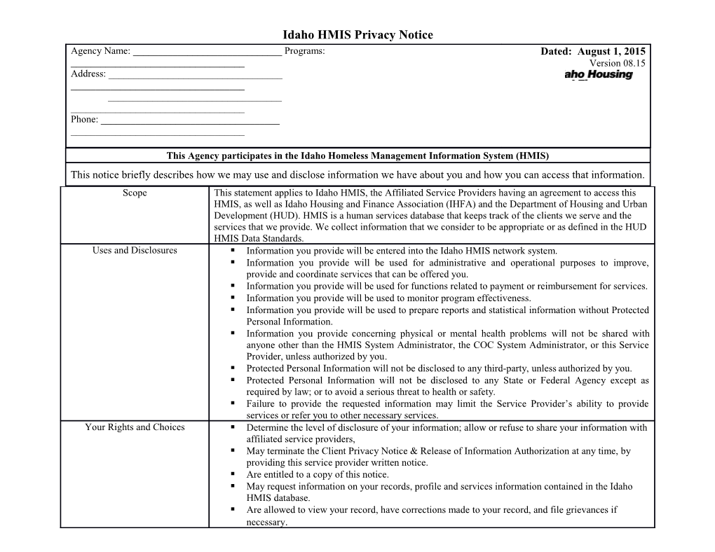 HMIS Idaho Privacy Notice Highlights