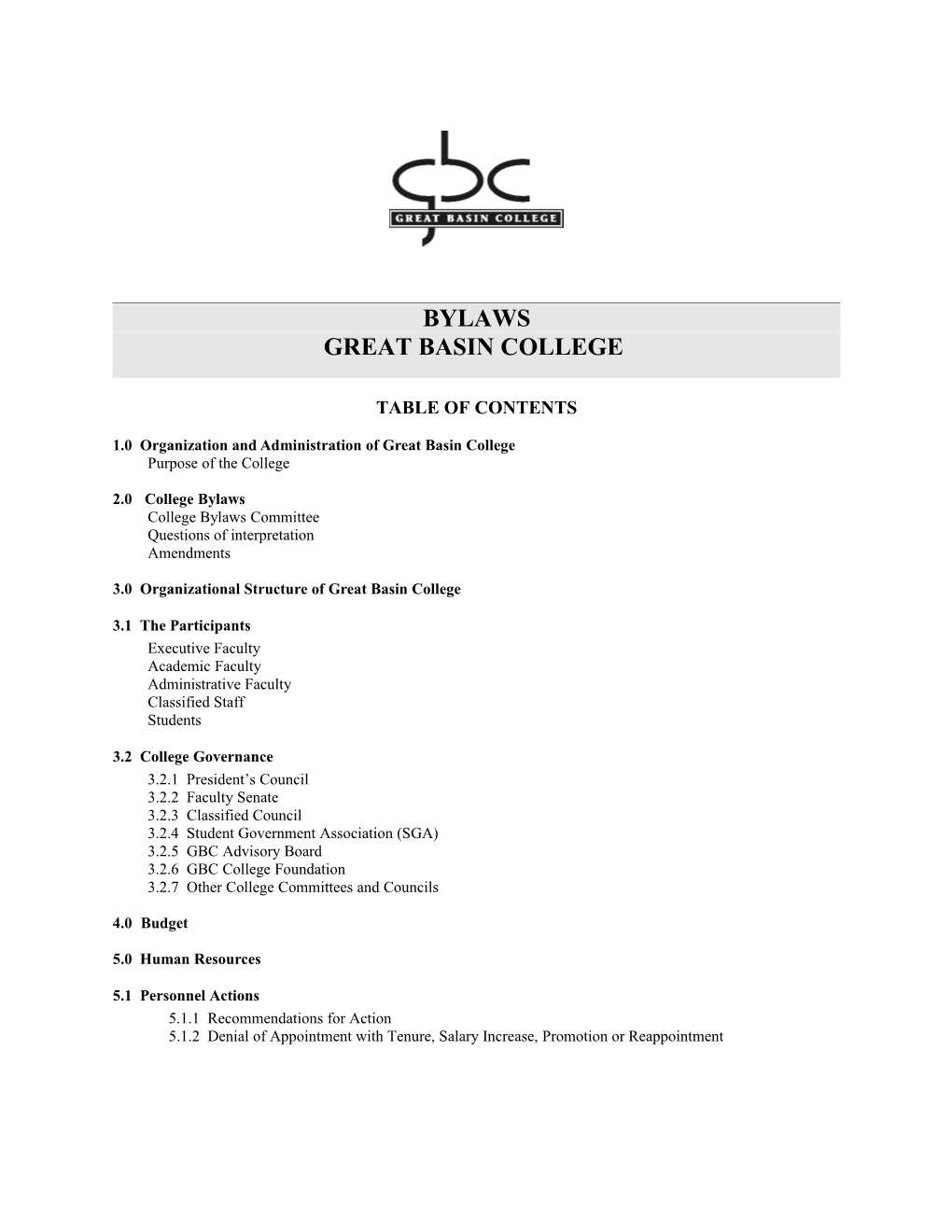 1.0 Organization and Administration of Great Basincollege