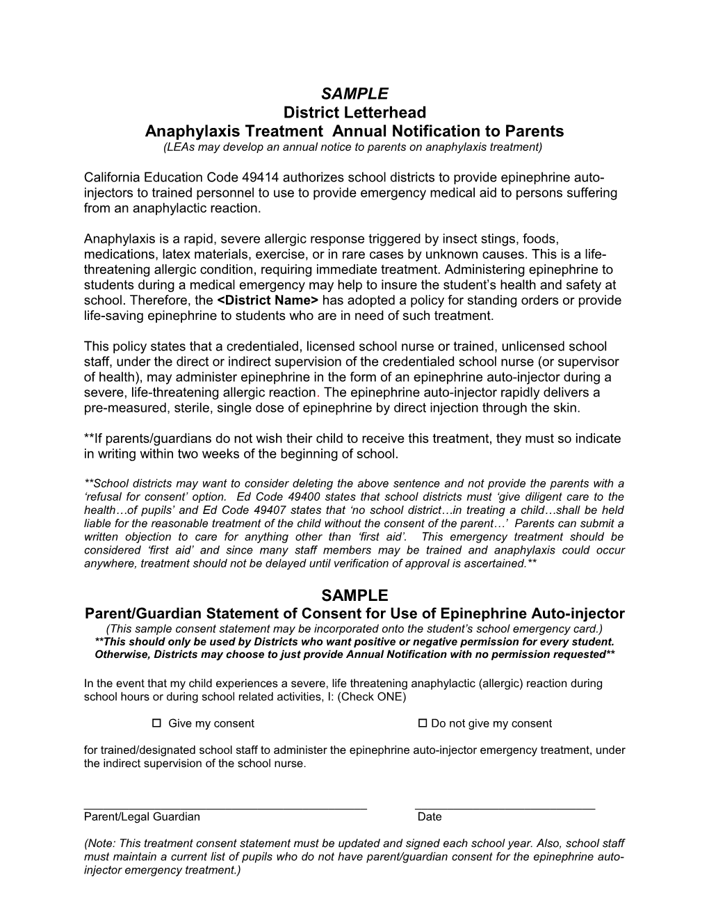 Anaphylaxis Treatment Annual Notification to Parents