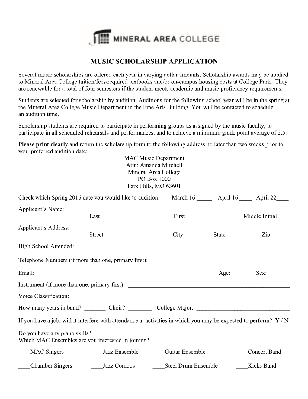 Mineral Area College Scholarship Application