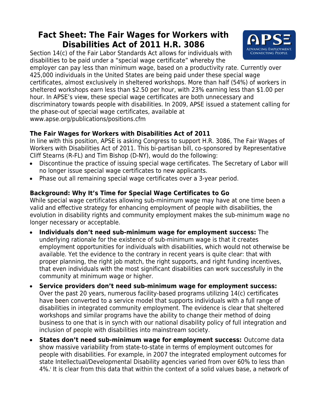 The Fair Wages for Workers with Disabilities Act of 2011