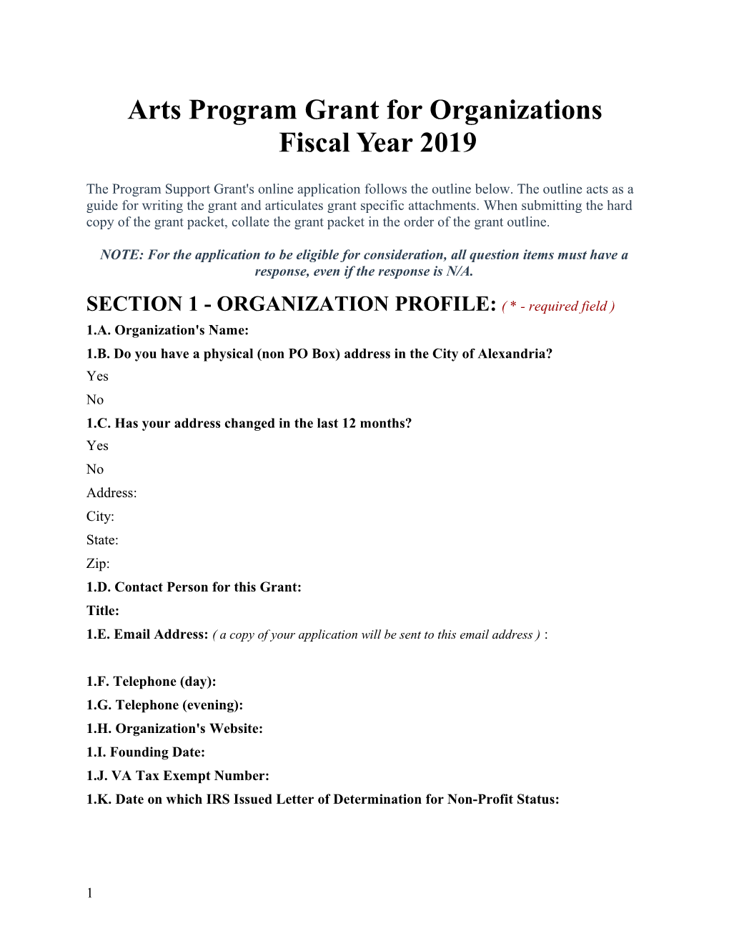 Arts Program Grant for Organizationsfiscal Year 2019