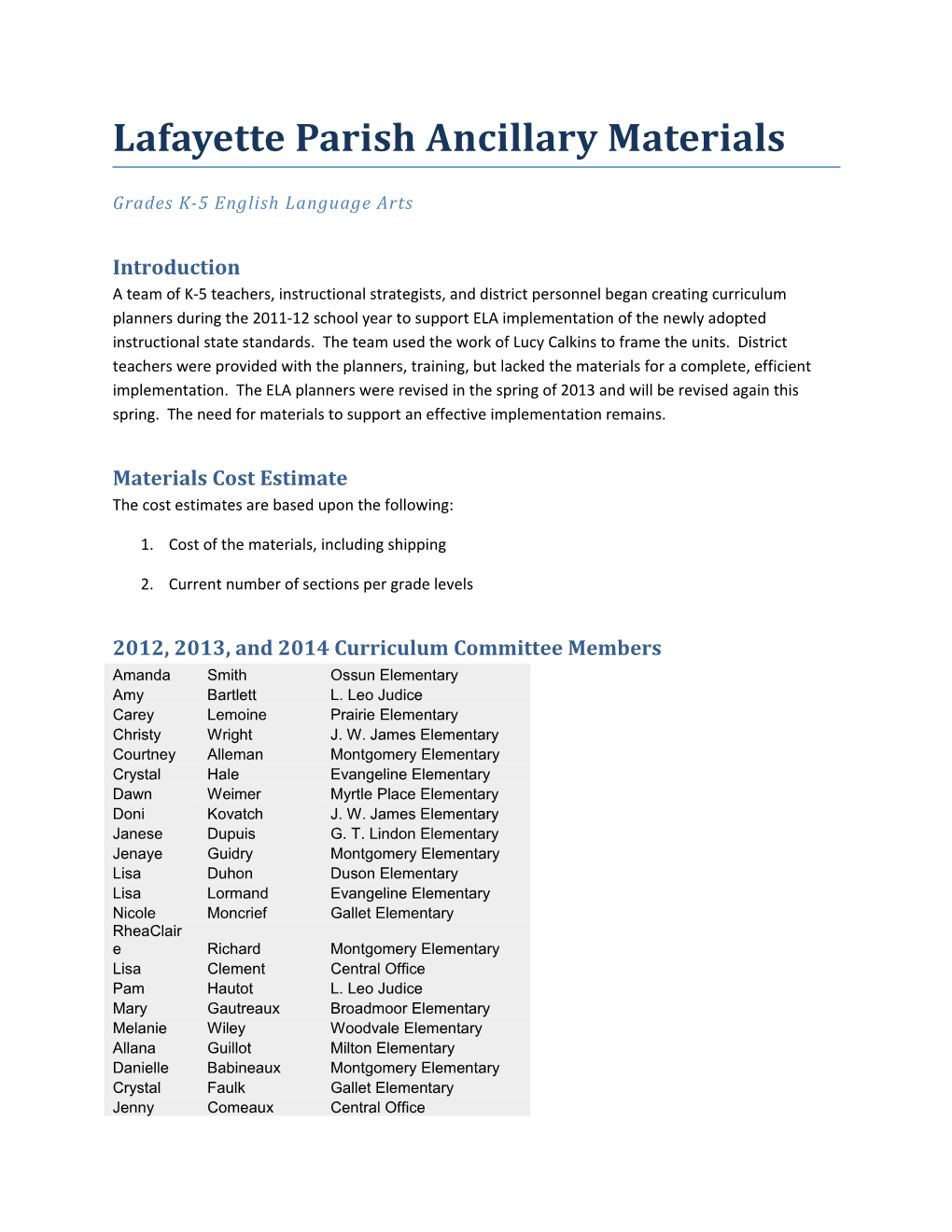 Lafayette Parish Ancillary Materials