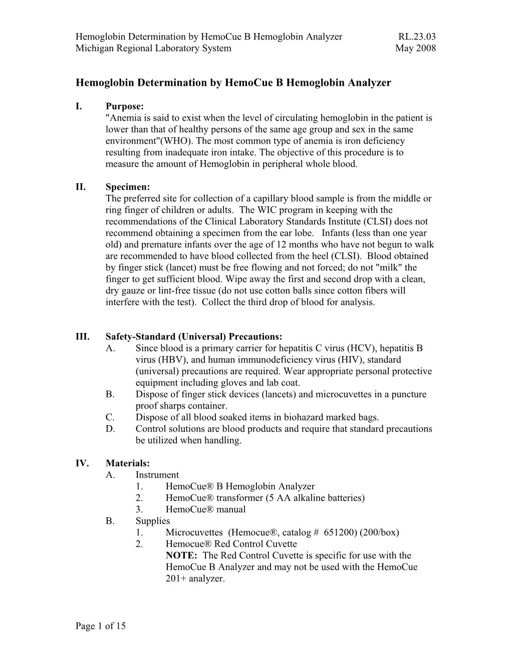 Hemoglobin Determination by Hemocue Photometer V031215