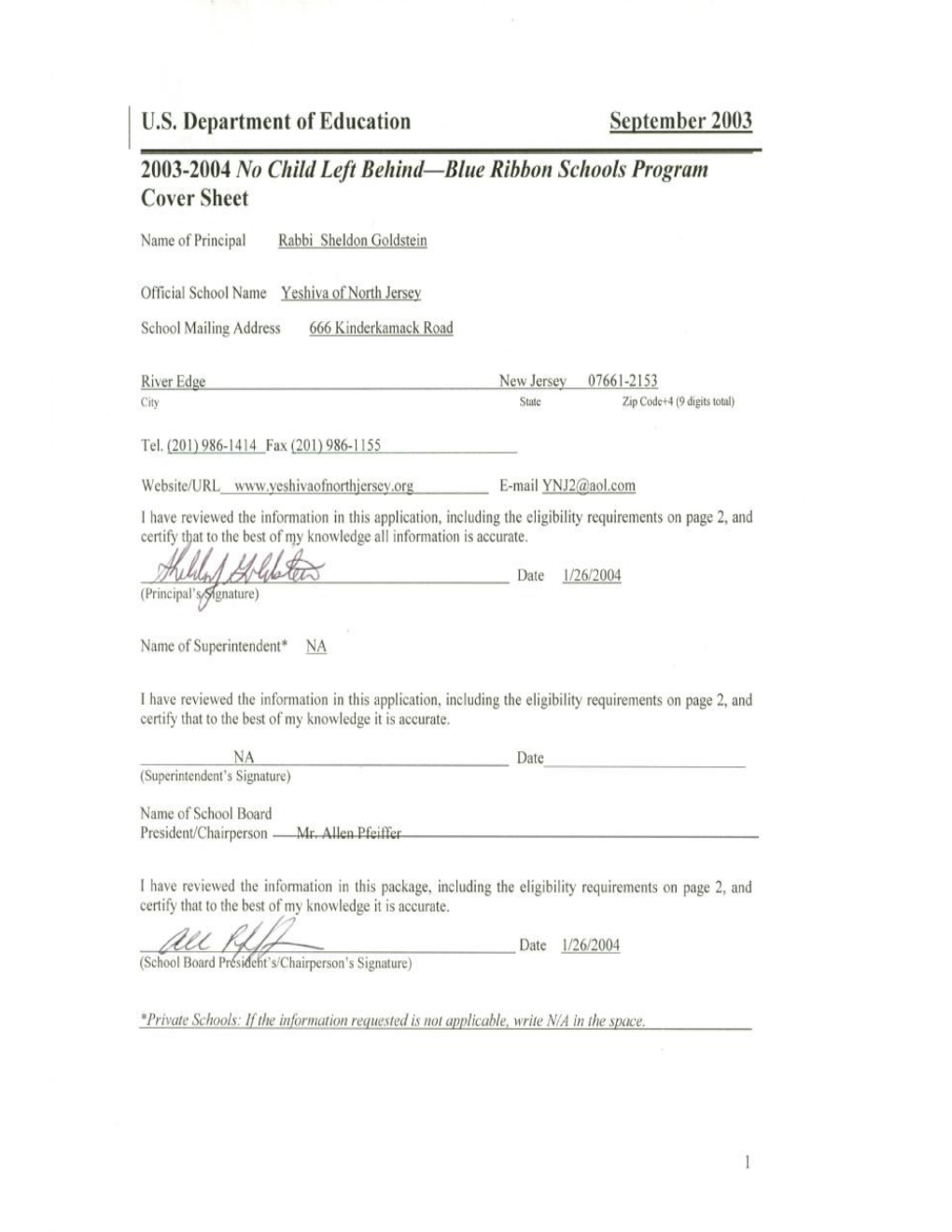 Yeshiva of North Jersey 2004 No Child Left Behind-Blue Ribbon School Application (Msword)