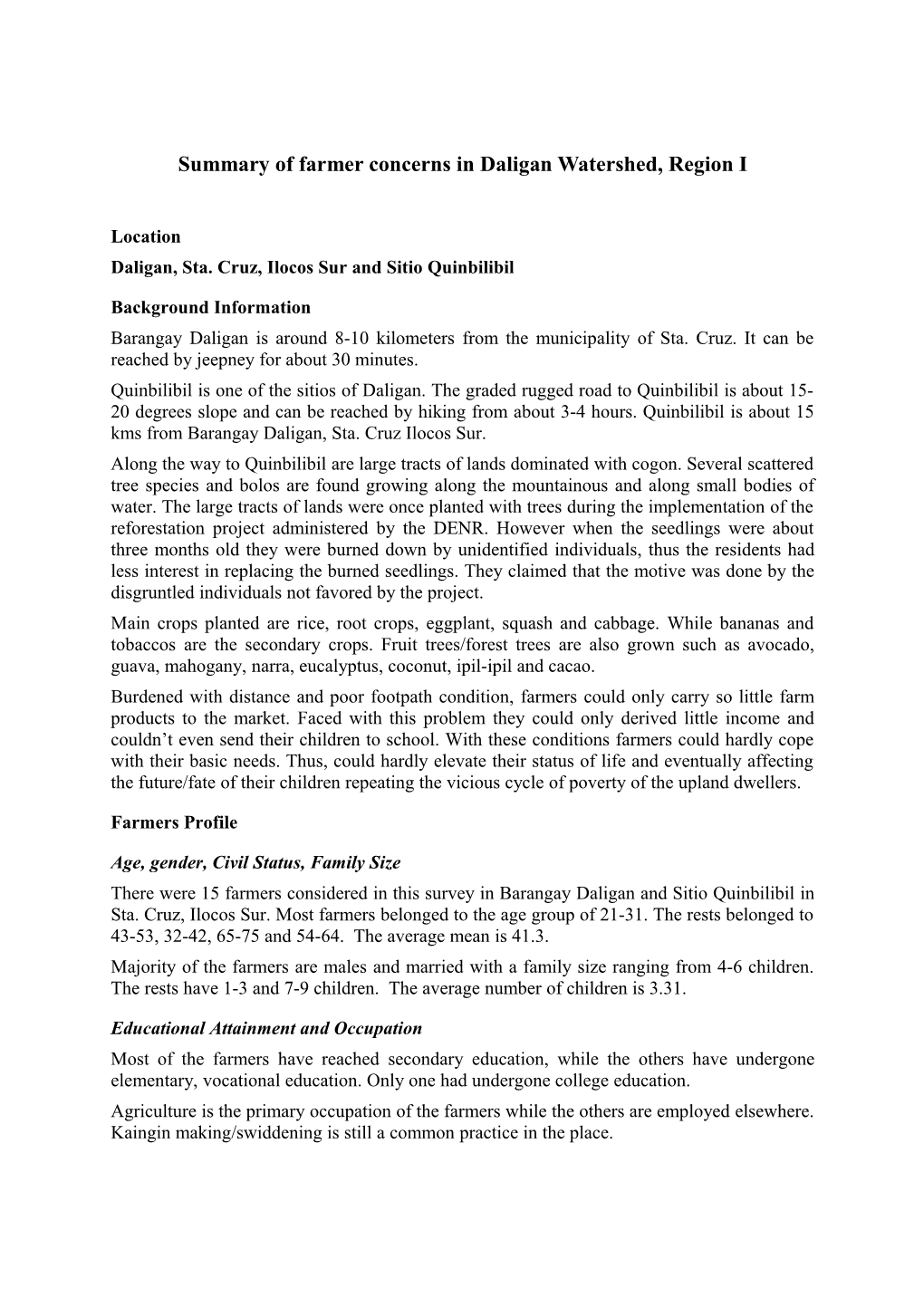 Summary of Farmer Concernsin Daligan Watershed, Region I