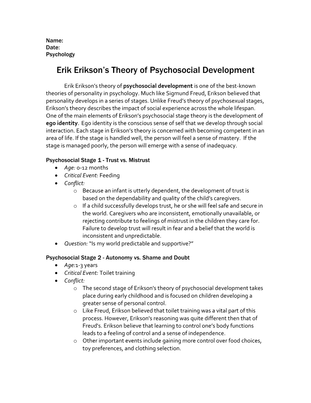 Erik Erikson S Theory of Psychosocial Development