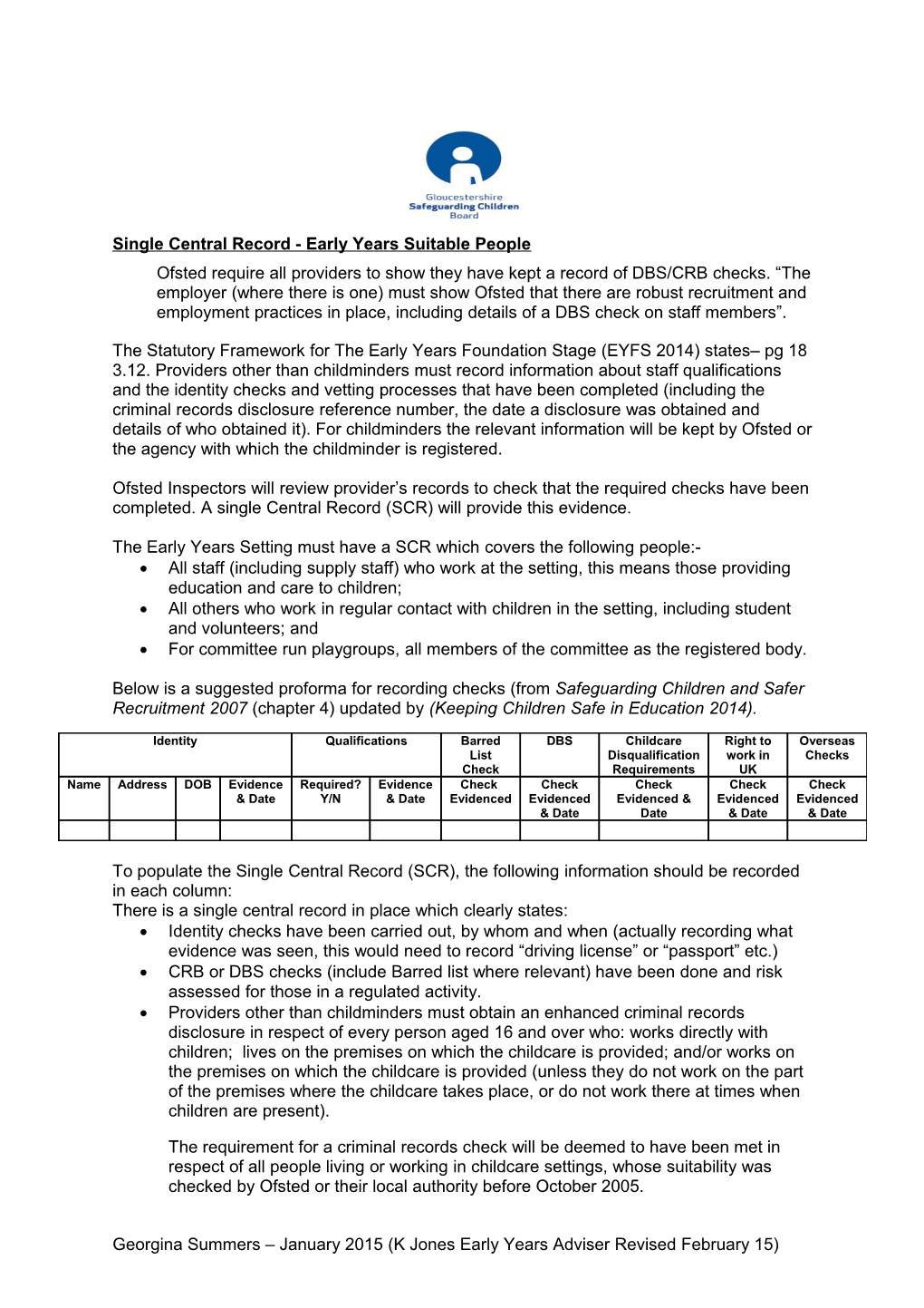 Single Central Record - Early Years Suitable People