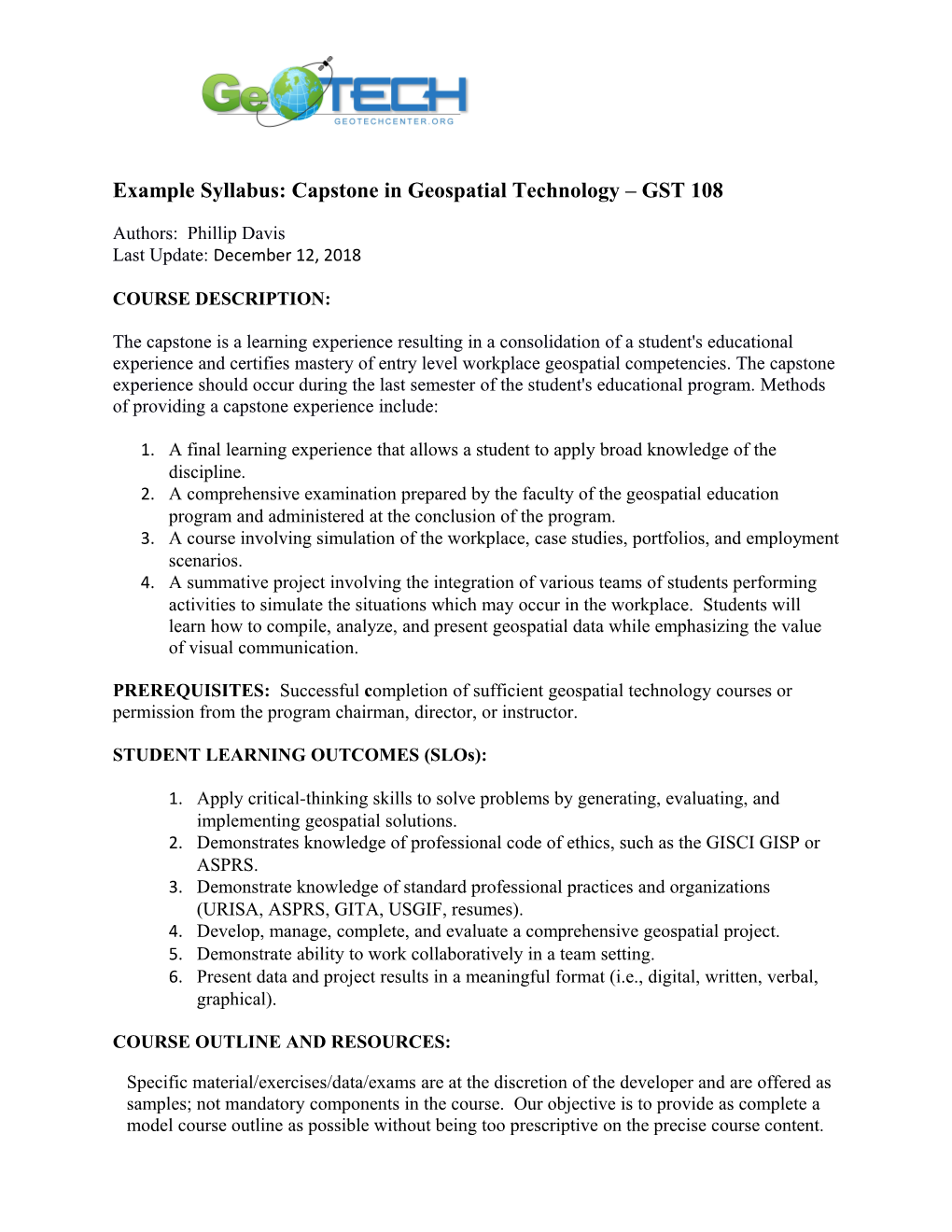 Example Syllabus: Capstone in Geospatial Technology GST 108