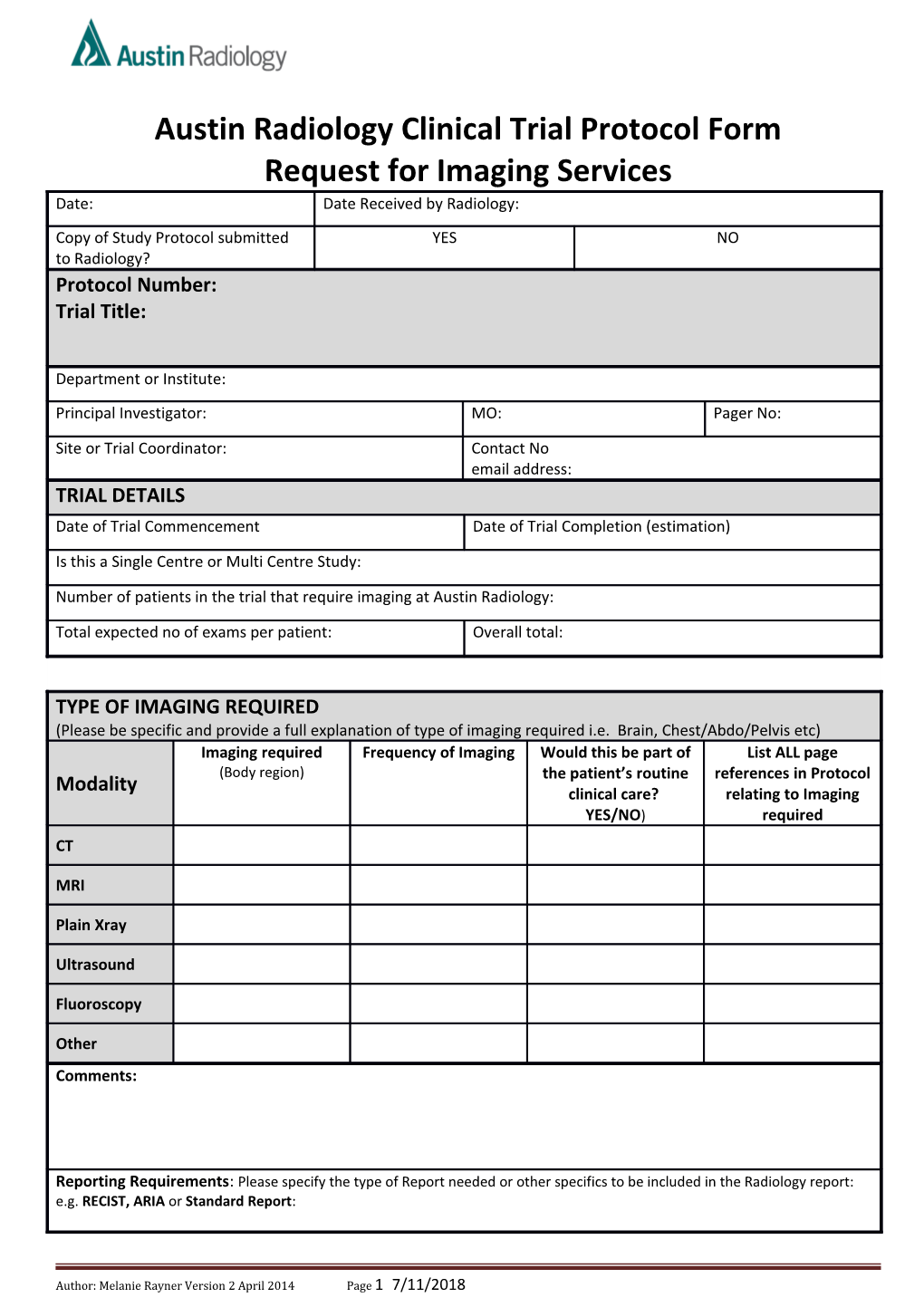 Austin Radiology Clinical Trial Protocol Form