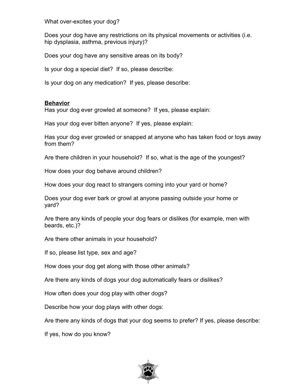 Paw Law Dog Training Academy Dog Personality Questionaire