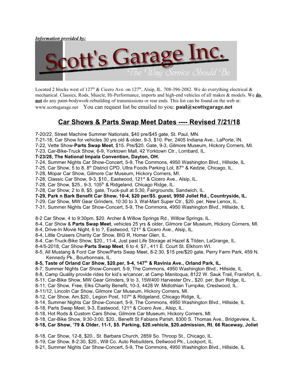 Car Shows & Parts Swap Meet Dates Revised 7/21/18