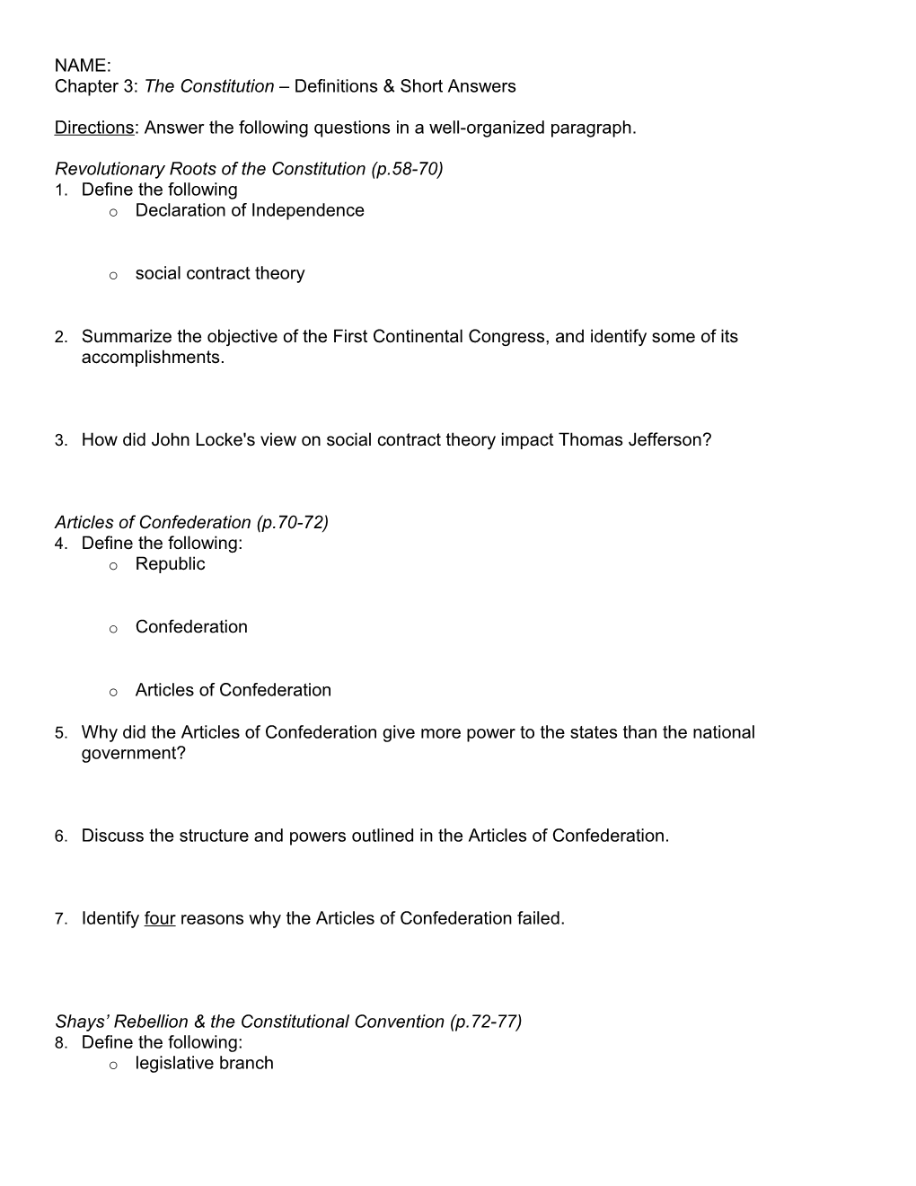 Chapter 3: Theconstitution Definitions & Short Answers