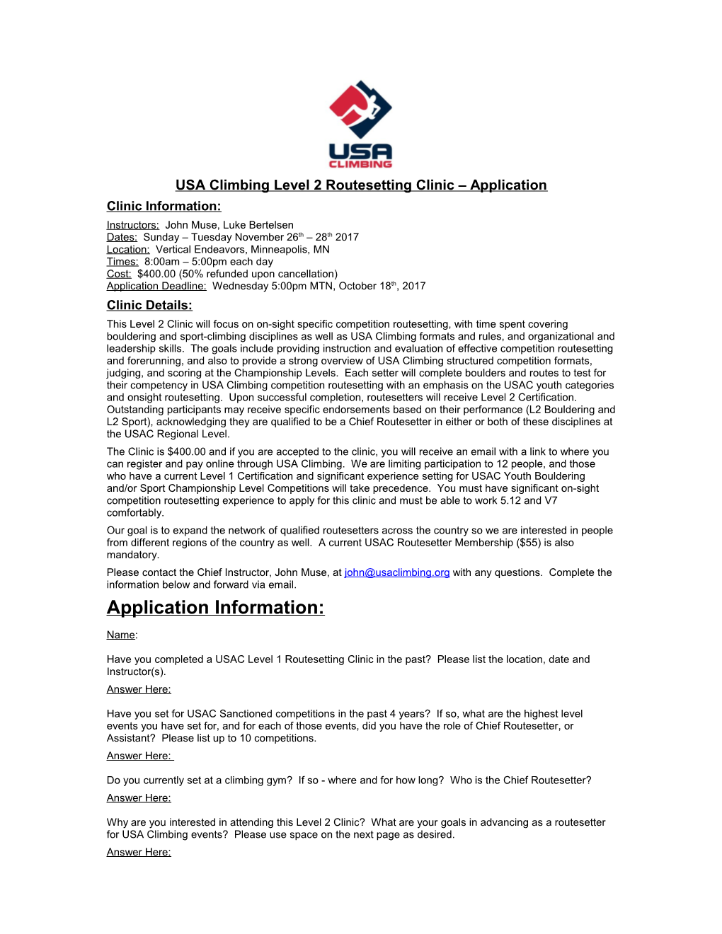 USA Climbing Level 2 Routesetting Clinic Application