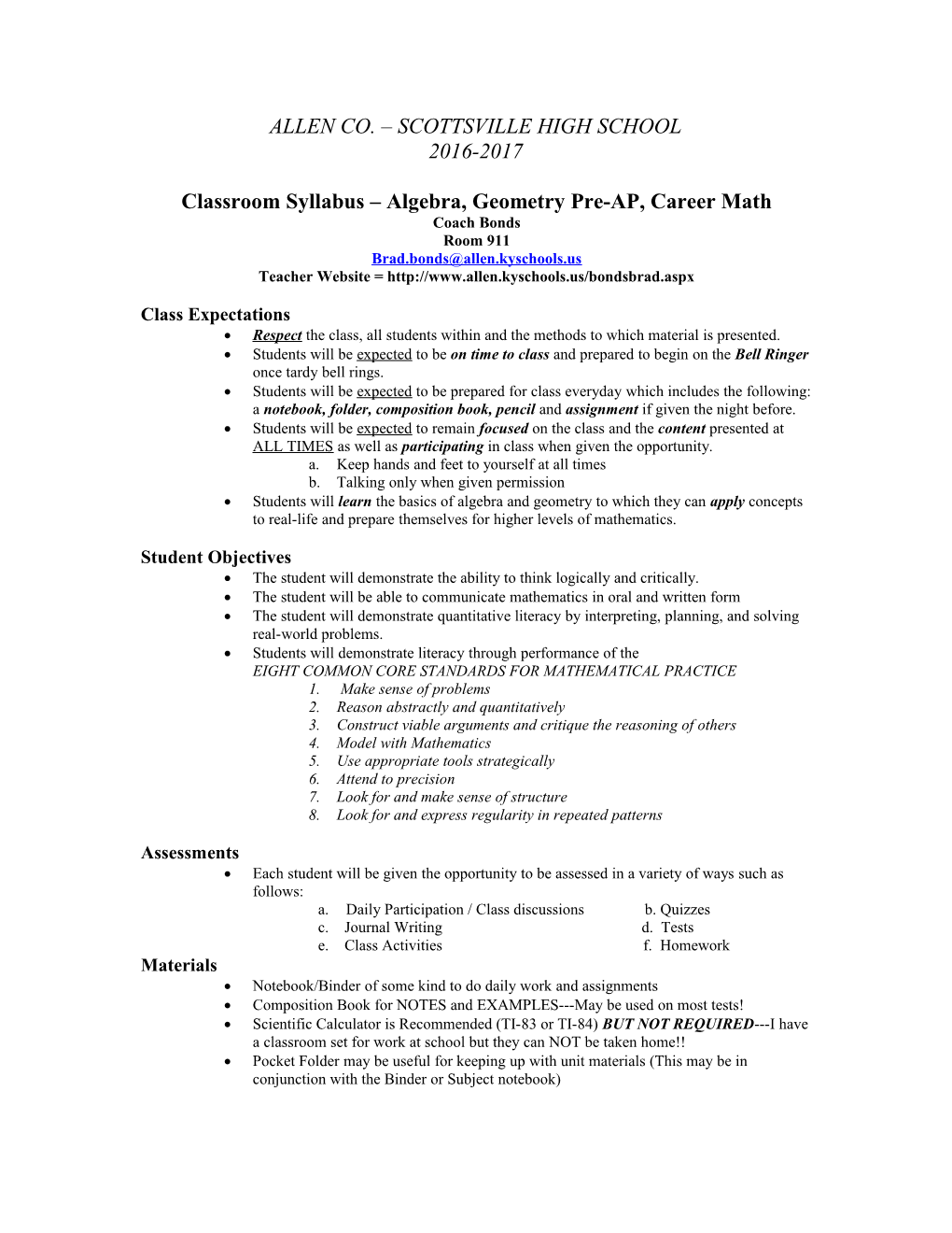 Classroom Syllabus Algebra, Geometry Pre-AP, Career Math