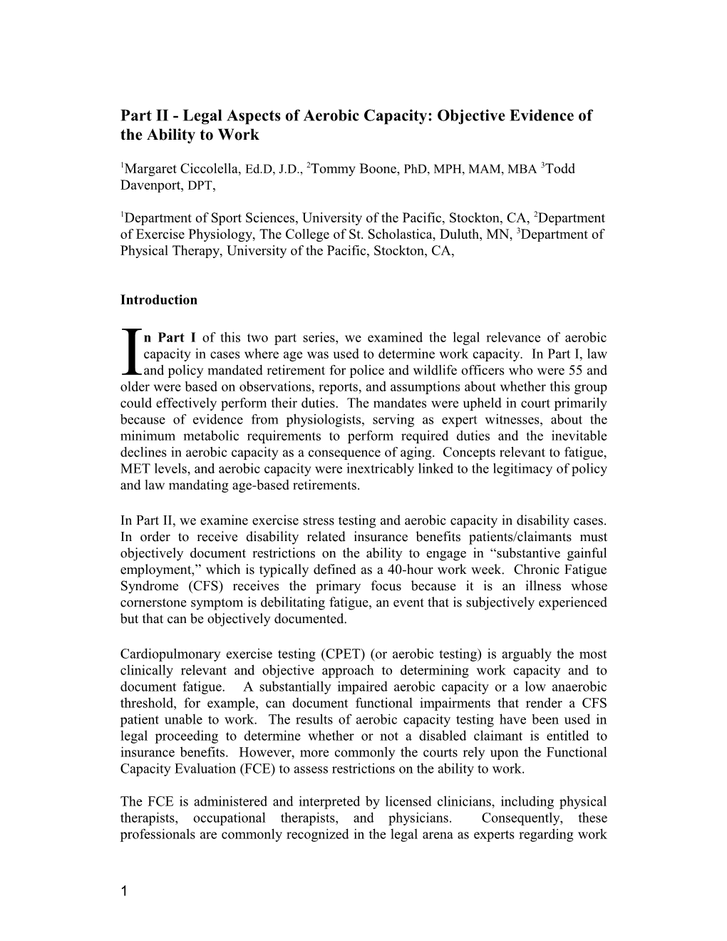 Part II - Legal Aspects of Aerobic Capacity: Objective Evidence of the Ability to Work