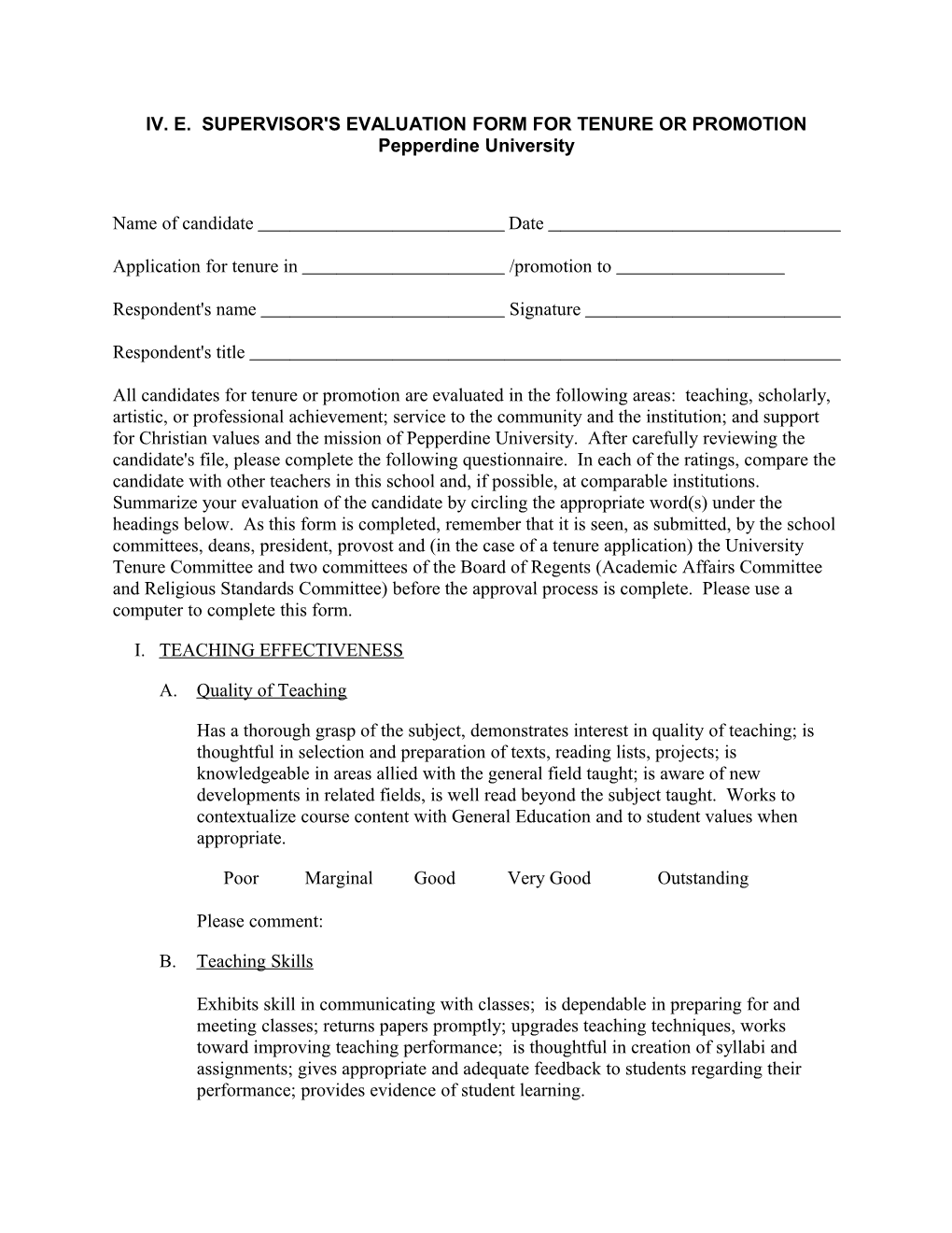 Iv. E. Supervisor's Evaluation Form for Tenure Or Promotion