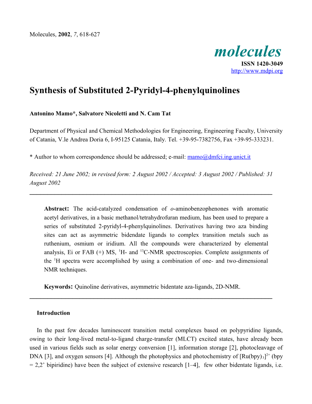 Synthesis of Substituted 2-Pyridylquinoline