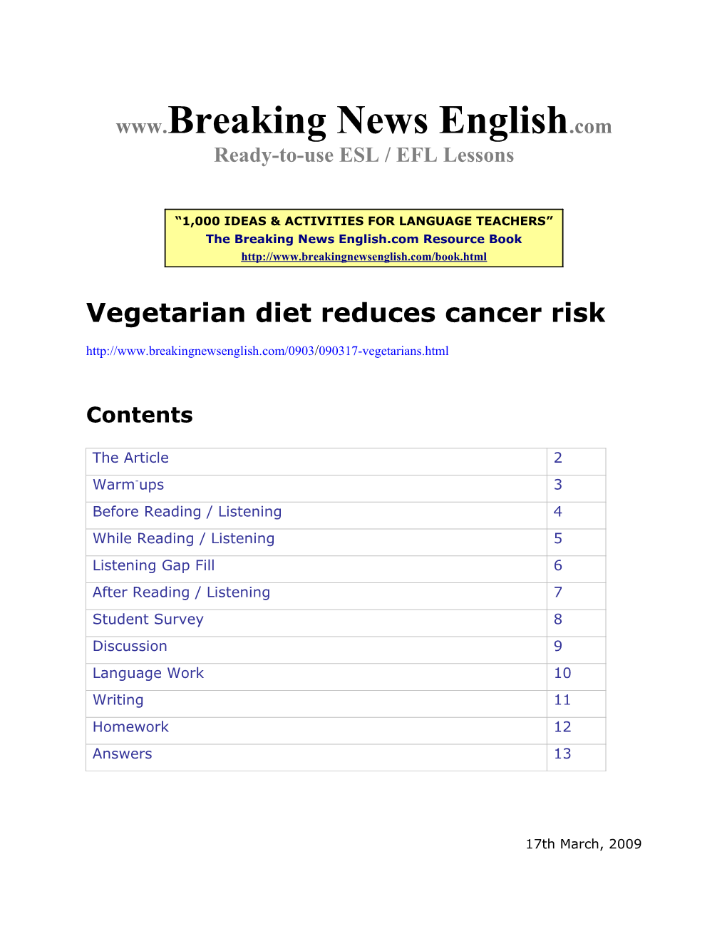 ESL Lesson: Vegetarian Diet Reduces Cancer Risk