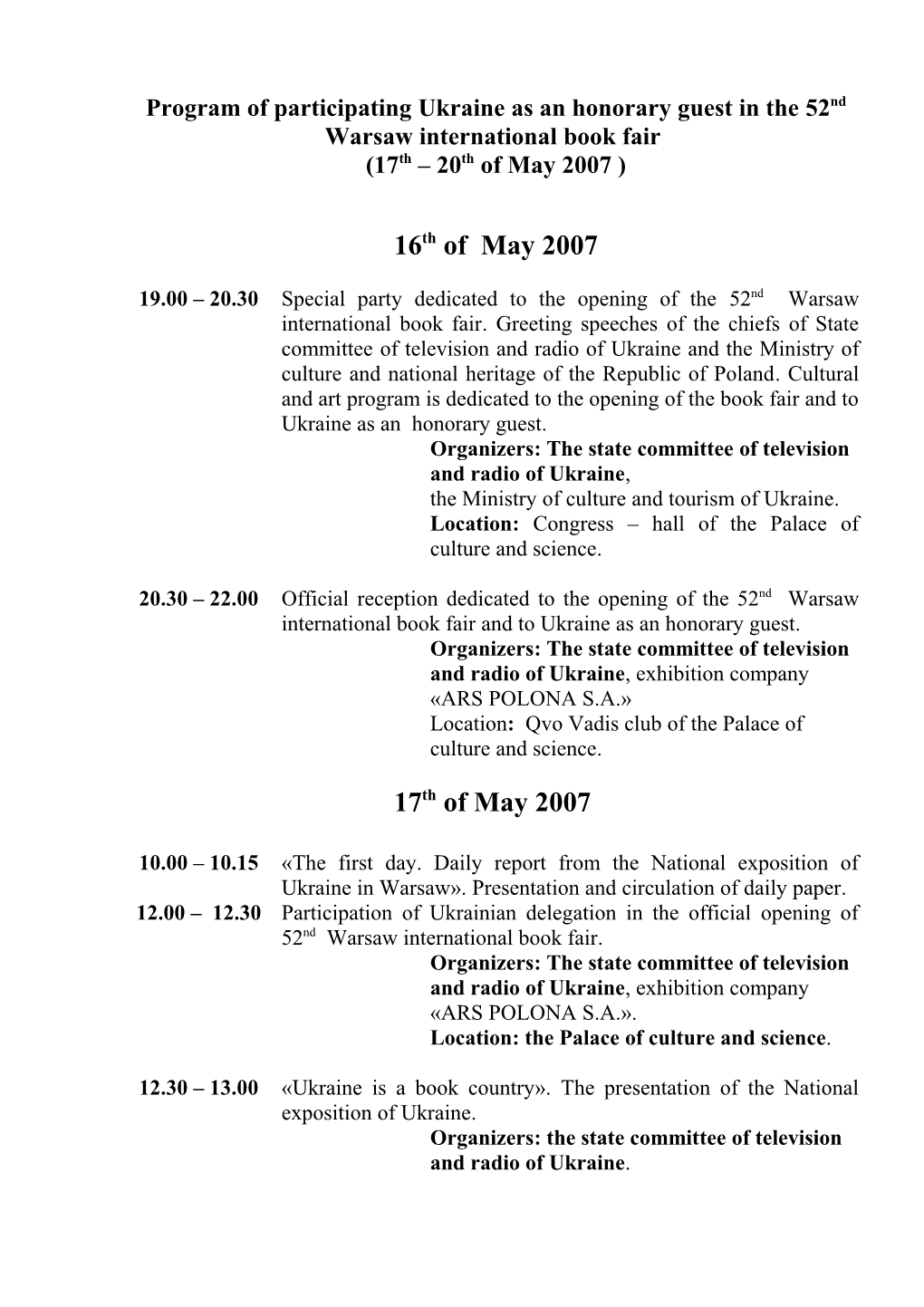 Program of Participating Ukraine As an Honorary Guest in The52nd Warsaw International