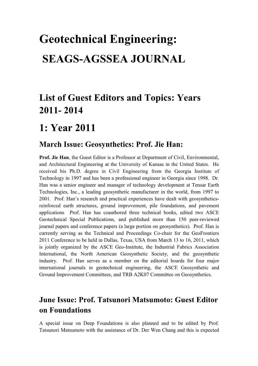 List of Guest Editors and Topics:Years 2011- 2014