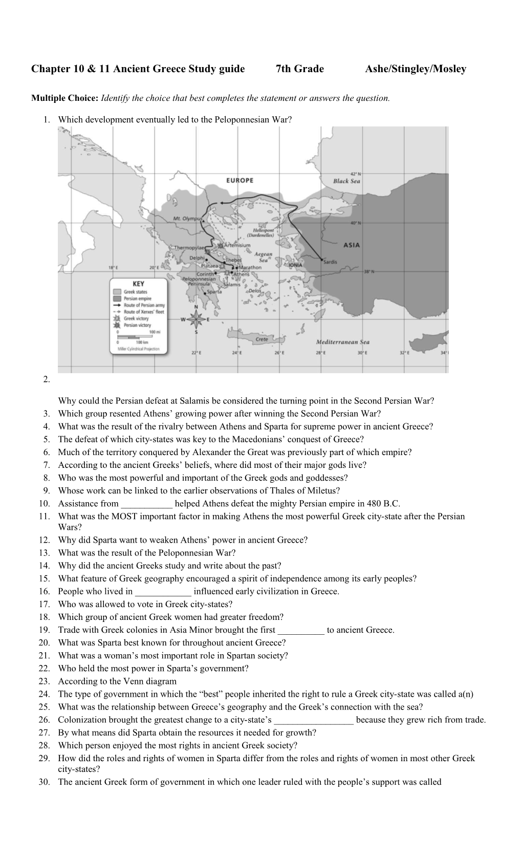 Chapter 10 & 11 Ancient Greece Study Guide 7Th Gradeashe/Stingley/Mosley