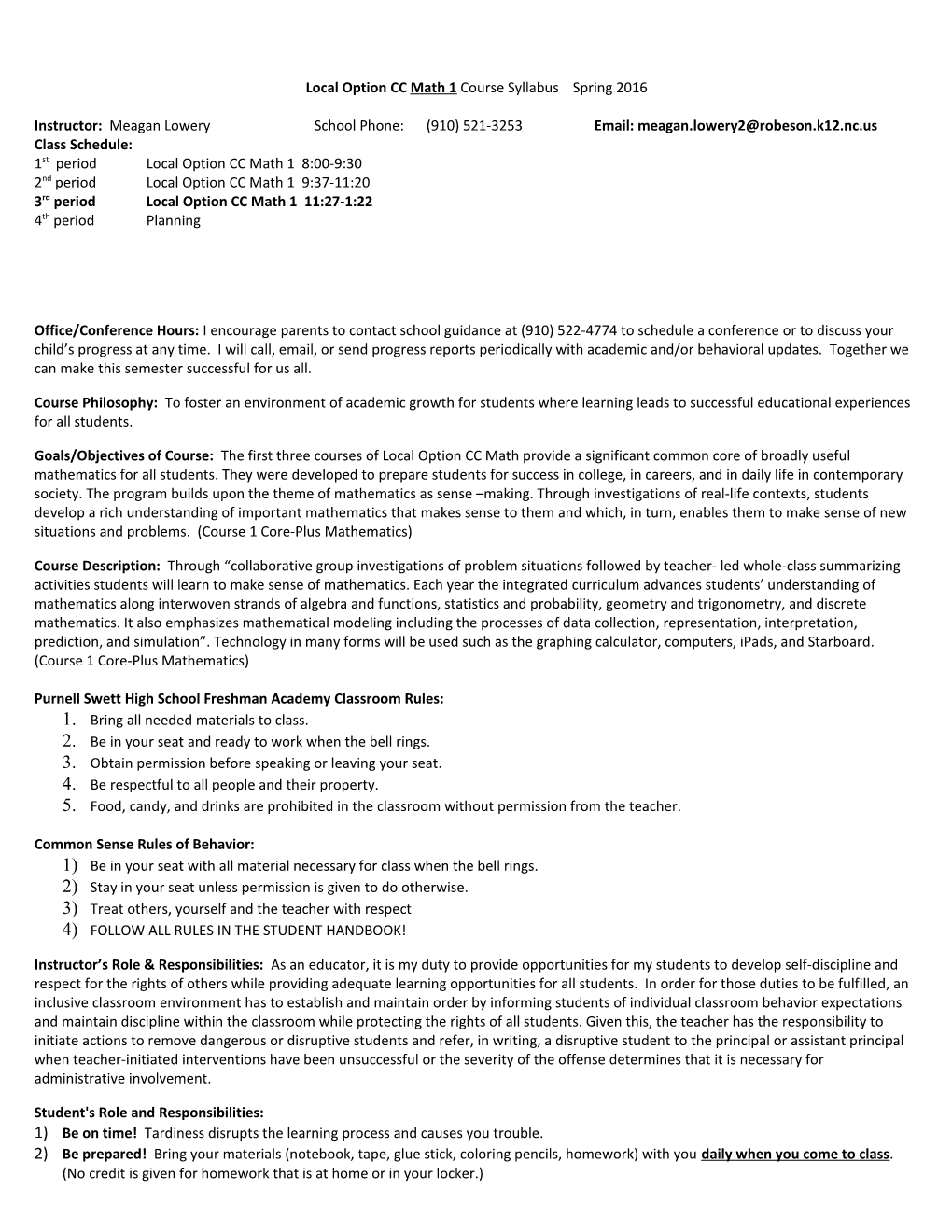 Local Option CC Math 1 Course Syllabus Spring 2016