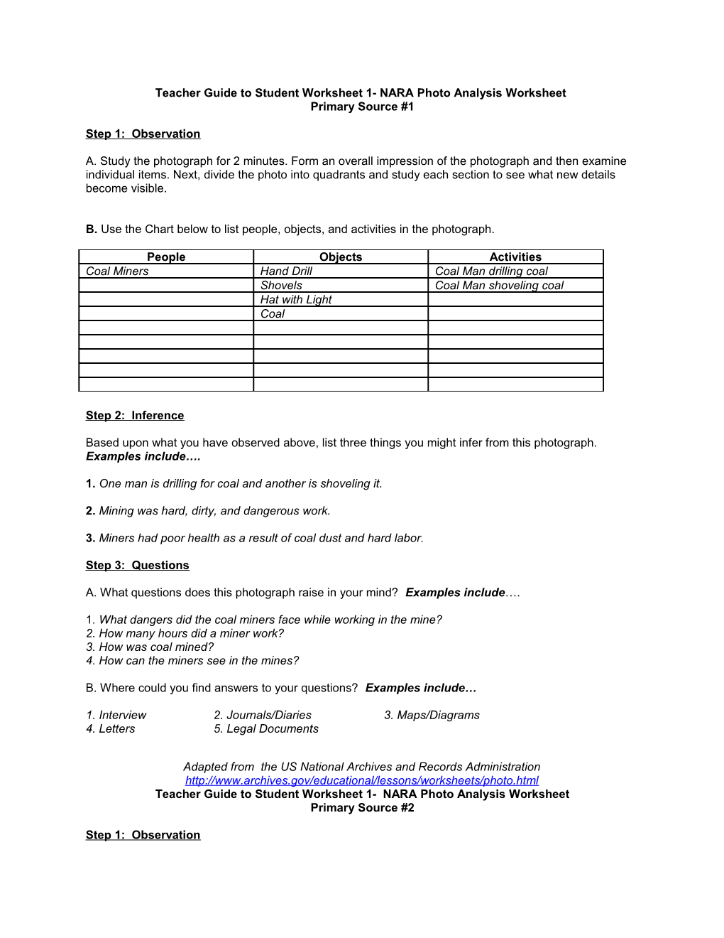 Teacher Guide to Student Worksheet 1- NARA Photo Analysis Worksheet