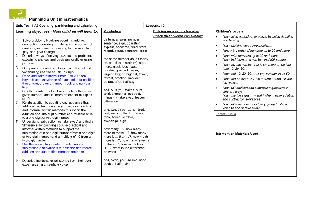 Unit: Year 1 A3 Counting, Partitioning and Calculating