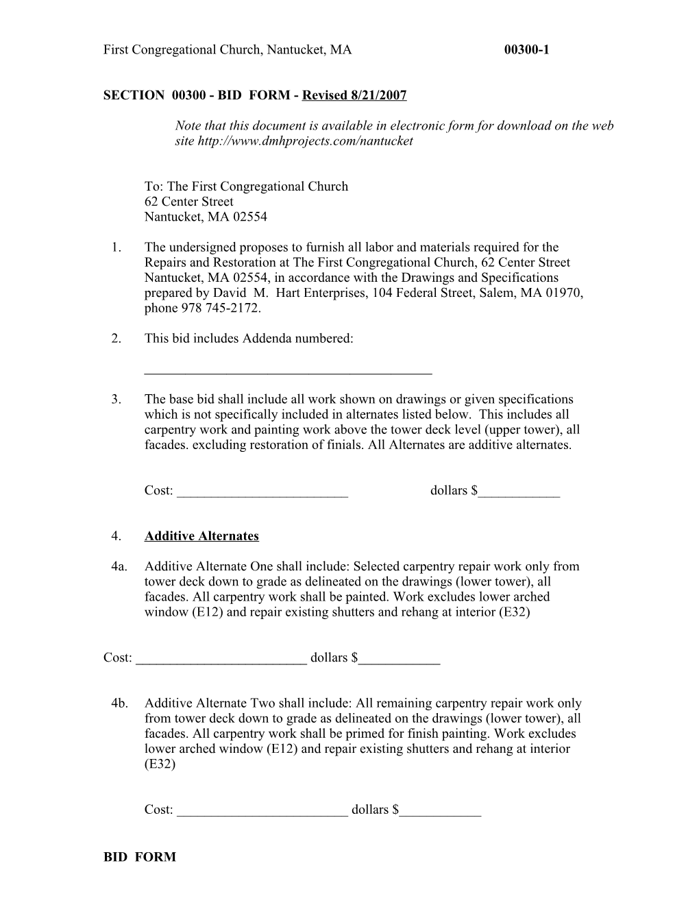 SECTION 00300 - BID FORM - Revised 8/21/2007