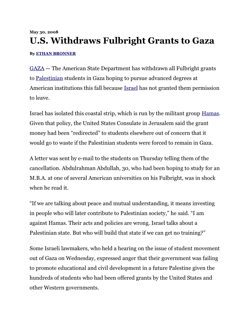 U.S. Withdraws Fulbright Grants to Gaza