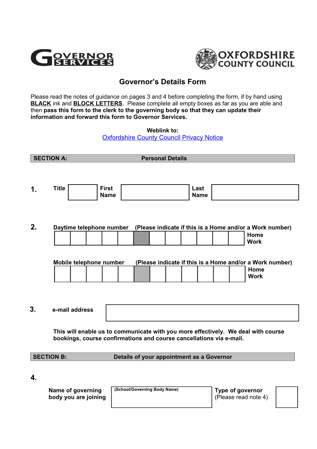 Governors Data Form