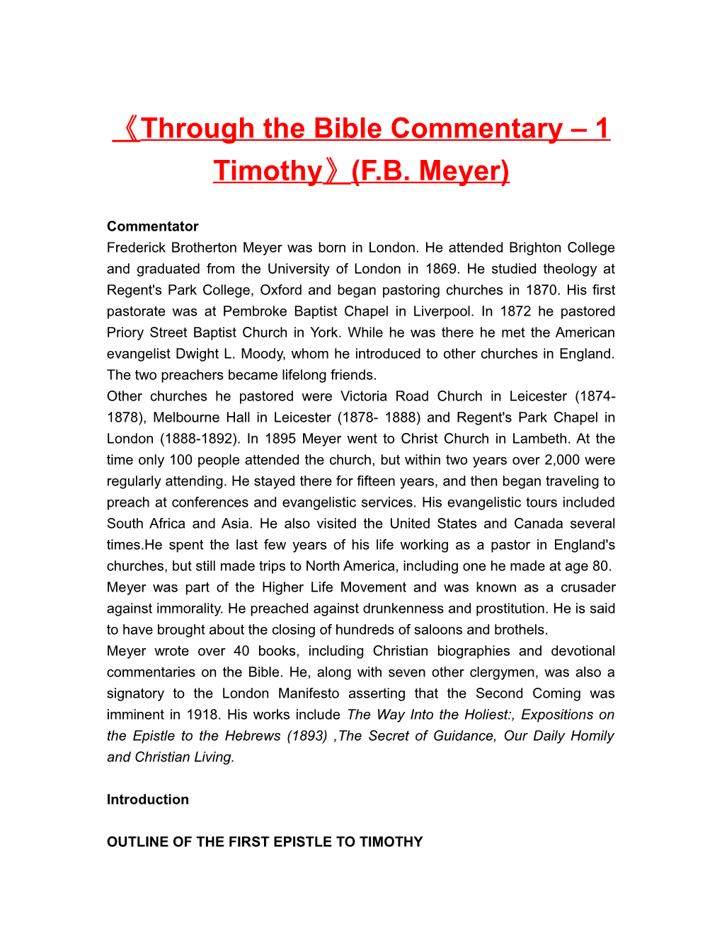 Through the Bible Commentary 1 Timothy (F.B. Meyer)