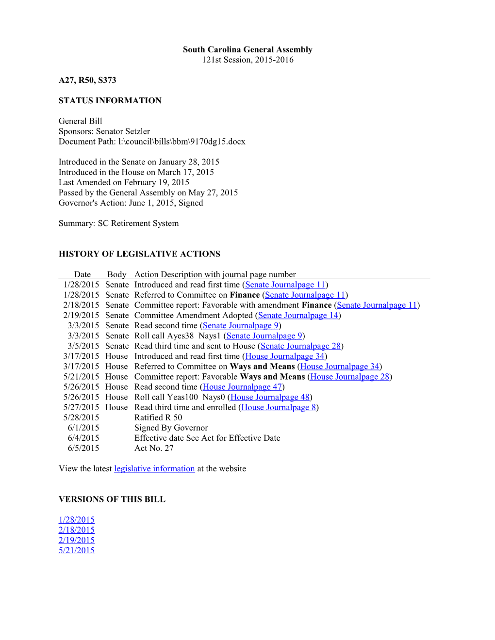 2015-2016 Bill 373: SC Retirement System - South Carolina Legislature Online