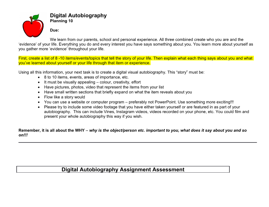 Digital Autobiography Planning 10 Due