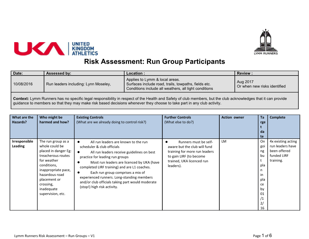 Risk Assessment: Run Group Participants