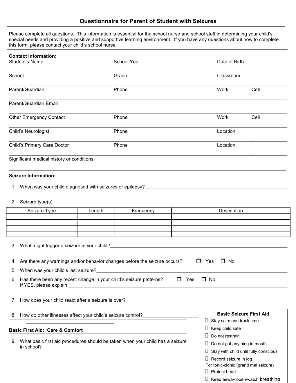 Questionnaire for Parent of Student with Seizures