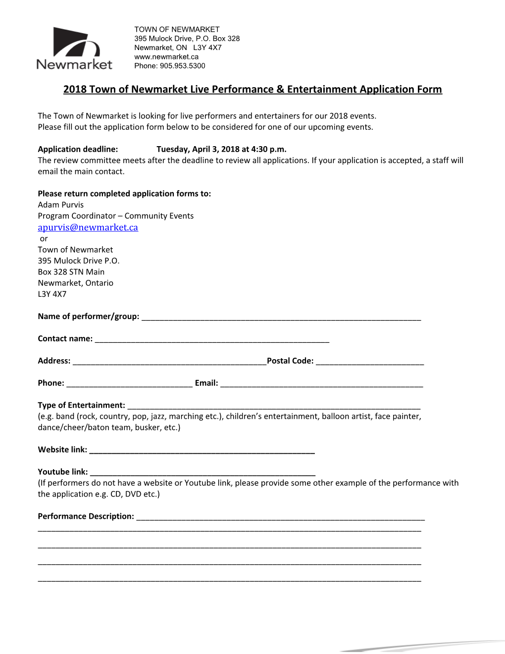 2018Town of Newmarket Live Performance & Entertainment Application Form